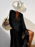 Zjkrl - Vacation Flared Sleeves Solid Color Deep V-Neck Midi Dresses