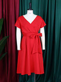 Zjkrl - Bowknot Lace-Up Solid Color V-Neck Midi Dresses