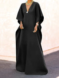 Zjkrl - Batwing Sleeves Loose Solid Color Split-Side V-Neck Maxi Dresses