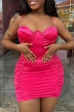 Zjkrl - Rose Red Sexy Sweet Daily Party Elegant Simplicity Fold Solid Color Spaghetti Strap Dresses