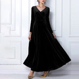 Zjkrl - Elegant Solid Long Sleeved V-neck Velvet Maxi Dresses