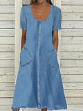 Zjkrl - Women's Denim Dress Casual Dress Midi Dress Denim Casual Classic Outdoor Daily Vacation U Neck Pocket Short Sleeve Summer Spring Fall