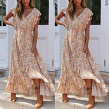 Zjkrl - Summer Beach Maxi Dress Women Floral Print Boho Long Dress Ruffles Wrap Casual V-Neck Split Sexy Party Dress