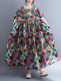 Zjkrl - Vintage Loose Multi-Colored Floral Printed Midi Dress