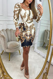 Zjkrl - Cream White Casual Print Patchwork Square Collar Long Sleeve Dresses