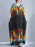 Zjkrl - Ethnic Printed Vintage Super Loose Batwing Sleeve Dress