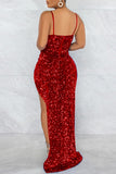 Zjkrl - Red Fashion Sexy Patchwork Sequins See-through Backless Spaghetti Strap Irregular Dress