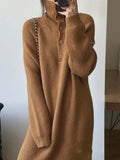 Zjkrl - Simple Long Sleeves Loose Buttoned Solid Color High-Neck Sweater Dresses