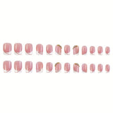 Zjkrl - 24pcs Pink Press On Nails Short Square Fake Nails Glossy Full Cover Rhinestone False Nails With French White Edge Design For Women Girls