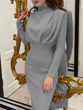 Zjkrl - High Waisted Long Sleeves Pleated Solid Color Mock Neck Midi Dresses
