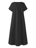 Zjkrl - Simple Solid Color U-Neck Pleated Short Sleeves Maxi Dress