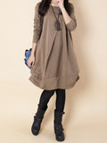 Zjkrl - Original Loose Pleated 4 Colors Round-Neck Long Sleeves Short Dress