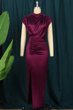 Zjkrl - Pink Fashion Sexy Solid Slit Fold Half A Turtleneck Evening Dress