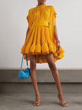 Zjkrl - High-Low Loose Floral Pleated Split-Joint Stand Collar Mini Dresses