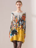 Zjkrl - Original Loose Cartoon Printed Round-Neck Long Sleeves Sweater Dress