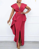 Plus Size Contrast Mesh Split Prom Dress With Belt
