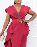 Plus Size Contrast Mesh Split Prom Dress With Belt