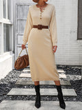 Zjkrl - Long Sleeves Loose Buttoned Split-Joint Round-Neck Midi Dresses Sweater Dresses
