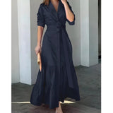 Zjkrl - Solid Button Front Belted Dress, Elegant Ruched Sleeve Ruffle Trim Maxi Dress, Women's Clothing
