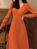Zjkrl - A-Line High Waisted Pleated Solid Color V-Neck Midi Dresses Sweater Dresses