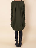Zjkrl - Original Loose Pleated 4 Colors Round-Neck Long Sleeves Short Dress