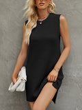 Zjkrl - Loose Sleeveless Solid Color Split-Joint Tied Waist Round-Neck Mini Dresses Sweater Dresses