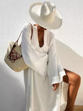 Zjkrl - Vacation Flared Sleeves Solid Color Deep V-Neck Midi Dresses