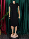 Zjkrl - Short Sleeves Skinny Pleated Solid Color Split-Back Split-Front Split-Joint Round-Neck Midi Dresses