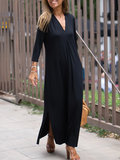 Zjkrl - Long Sleeves Loose Solid Color Split-Side V-Neck Maxi Dresses