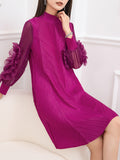 Zjkrl - Long Sleeves Loose Embroidered Pleated Solid Color Round-Neck Midi Dresses