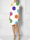 Zjkrl - Loose Short Sleeves Asymmetric Floral Printed Round-Neck Mini Dresses