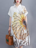 Zjkrl - Artistic Retro Floral Printed Buttoned Lapel Collar Short Sleeves Midi Shirt Dress