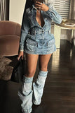 Zjkrl - Blue Casual Solid Patchwork Turndown Collar Long Sleeve Regular Denim Dresses (With Pantyhose)