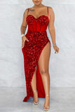 Zjkrl - Red Fashion Sexy Patchwork Sequins See-through Backless Spaghetti Strap Irregular Dress