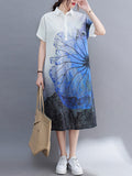 Zjkrl - Artistic Retro Floral Printed Buttoned Lapel Collar Short Sleeves Midi Shirt Dress