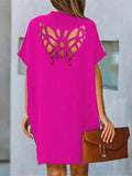 Zjkrl - Loose Short Sleeves Butterfly Hollow Solid Color V-Neck Mini Dresses