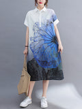Zjkrl - Artistic Retro Floral Printed Buttoned Lapel Collar Short Sleeves Midi Shirt Dress