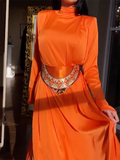 Zjkrl - Flared Sleeves Long Sleeves Solid Color High-Neck Maxi Dresses
