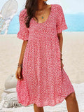 Zjkrl - Women Floral Printed Short Sleeve Vintage Boho Weaving Tunic Dress