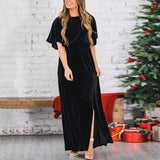 Zjkrl - Fashion Velvet Round Neck High Slit Maxi Dresses