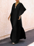 Zjkrl - Batwing Sleeves Loose Solid Color Split-Side V-Neck Maxi Dresses