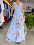 Zjkrl - Stylish Floral Printed V-Back Elegant Maxi Dresses