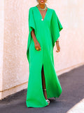 Zjkrl - Batwing Sleeves Loose Solid Color Split-Side V-Neck Maxi Dresses