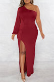 Zjkrl - White Sexy Formal Solid Backless Slit Oblique Collar Long Sleeve Dresses
