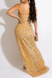 Zjkrl - Red Fashion Sexy Patchwork Sequins See-through Backless Spaghetti Strap Irregular Dress