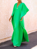 Zjkrl - Batwing Sleeves Loose Solid Color Split-Side V-Neck Maxi Dresses