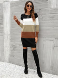 Zjkrl - Casual Long Sleeves Contrast Color Round-Neck Sweater Dresses