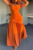 Zjkrl - Orange Casual Daily Plain Fold Spaghetti Strap Sleeveless Dress Dresses