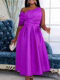 Zjkrl - Wrap Hollow Pleated Solid Color Zipper One-Shoulder Midi Dresses