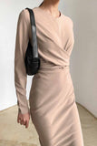 Zjkrl Fashion Long Sleeve Waist Midi Dress